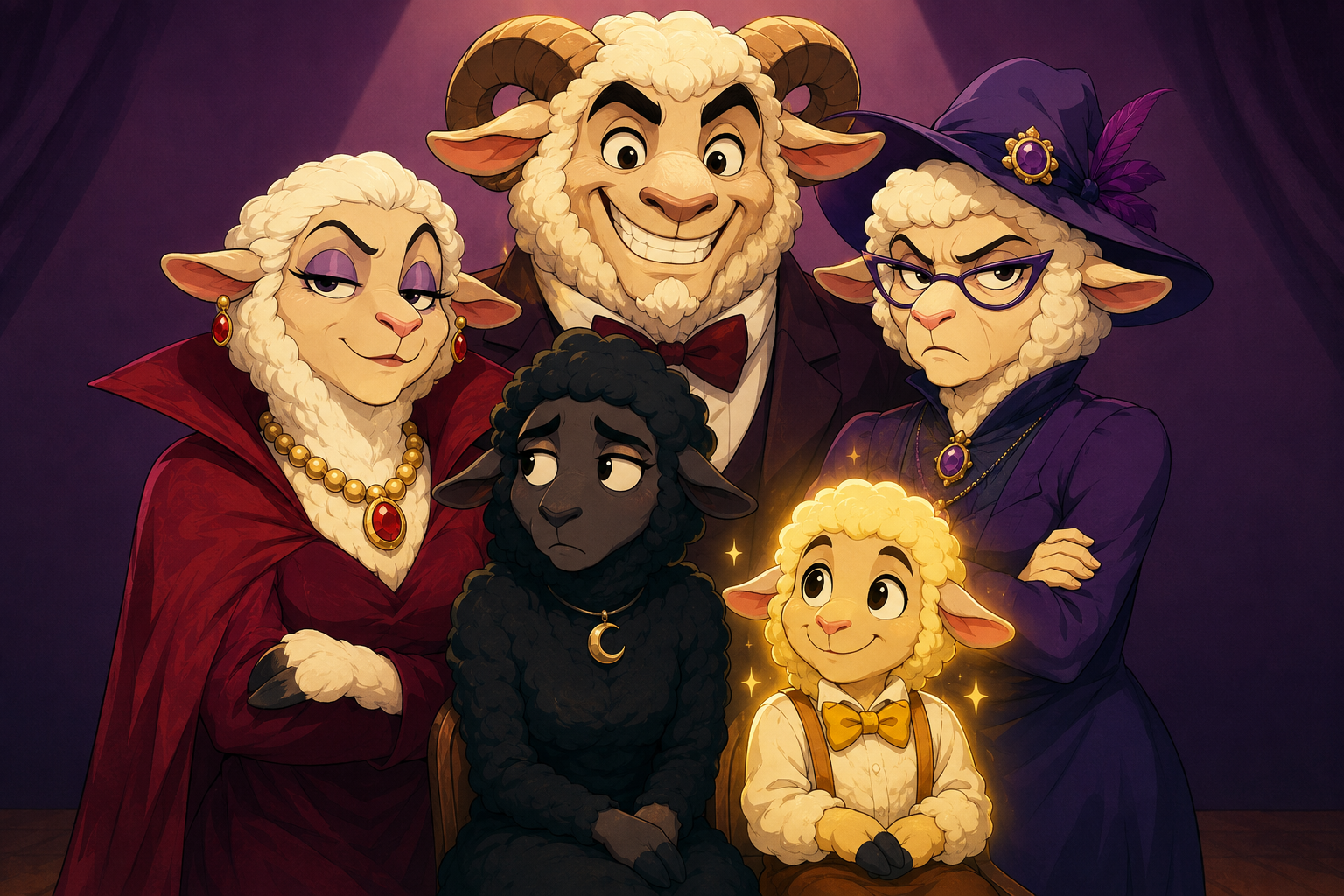 Ilustração de uma família de ovelhas representando os papéis de pai, mãe, filho de ouro e a ovelha negra
